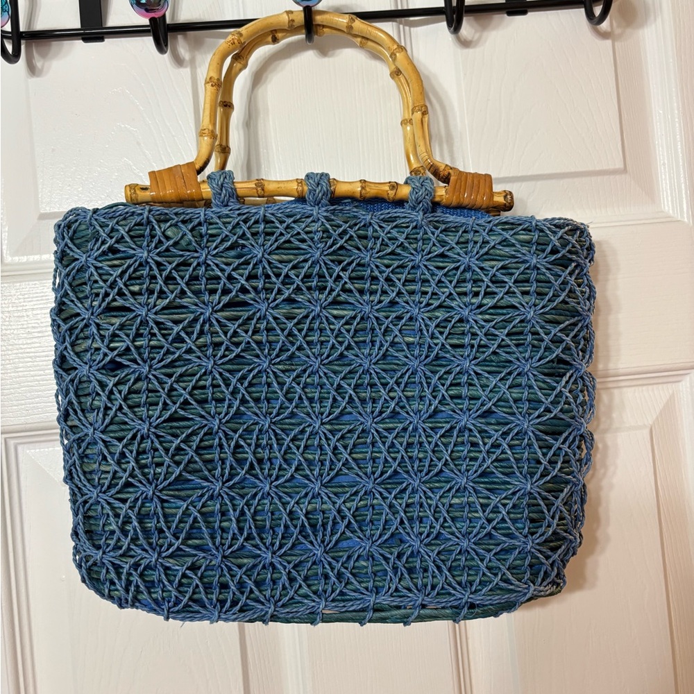 Elegant Blue Woven Tote with Bamboo Handles